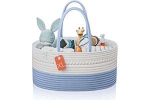 KiddyCare Baby Diaper Caddy Organizer Basket with Dividers, Car Basket Organizer Cart for Storage Portable Woven Diaper Caddy for Changing Table Nappy Caddy Tote Bag for Baby Stuff Blue X-Large