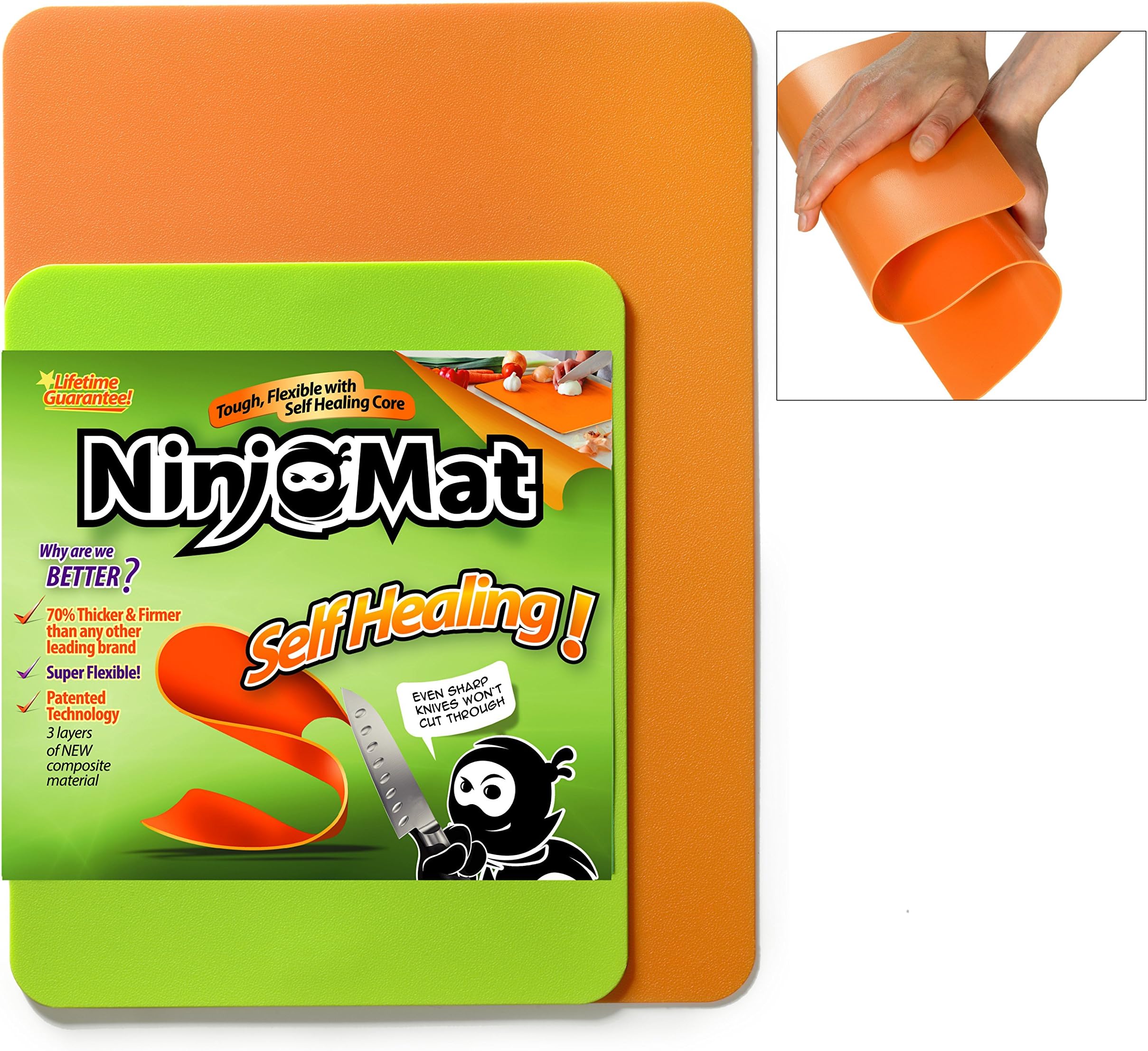 Ninjamat Self Healing Flexible Cutting Board. Eco Friendly Kitchen Cutting Mat. 3 Layers. Durable. Even The Toughest Knives Won't Cut Through.