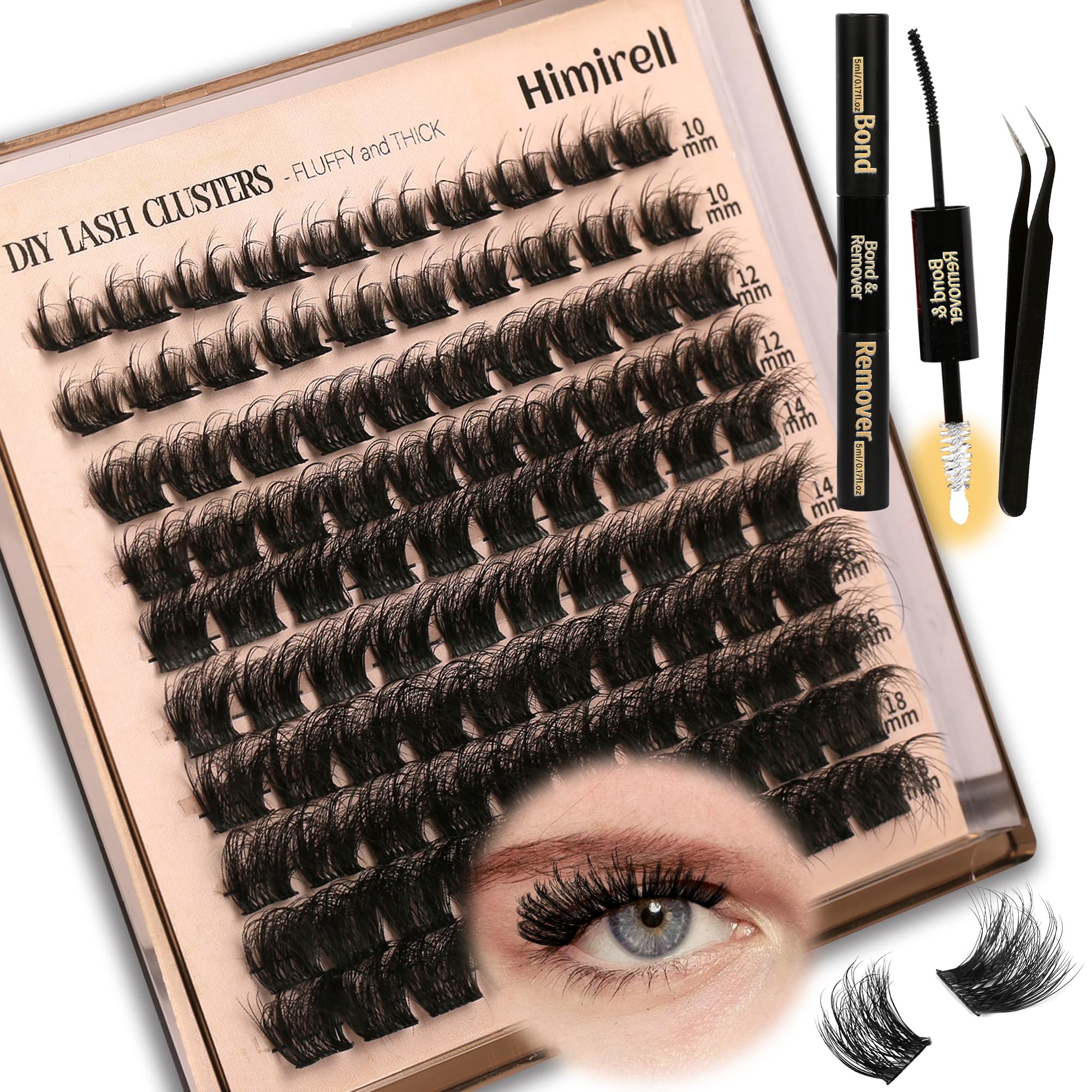 Himirell Lash Clusters Kit Fluffy Volume Eyelash Extension Kit 140Pcs 5D Wispy Natural DIY lash Extenisons D Curl with 140Pcs Individual Lashes, Lash Bond and Remover,Tweezers for Self Use