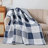 Soul & Lane Checks and Stripes 50" x 60" Blue Buffalo Check Throw: Lap Quilted Blanket, Blue and White Lightweight Couch Quilt, Checkered Coverlet, Plaid Winter Outdoor Quilted Throw Blanket
