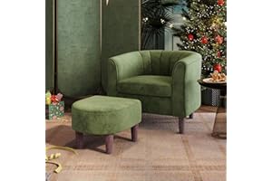 LINSY Accent Chair with Ottoman, Modern Armchair Comfy Barrel Reading Chair with Footrest for Living Room Bedroom Reading Room, Velvet, Olive Green