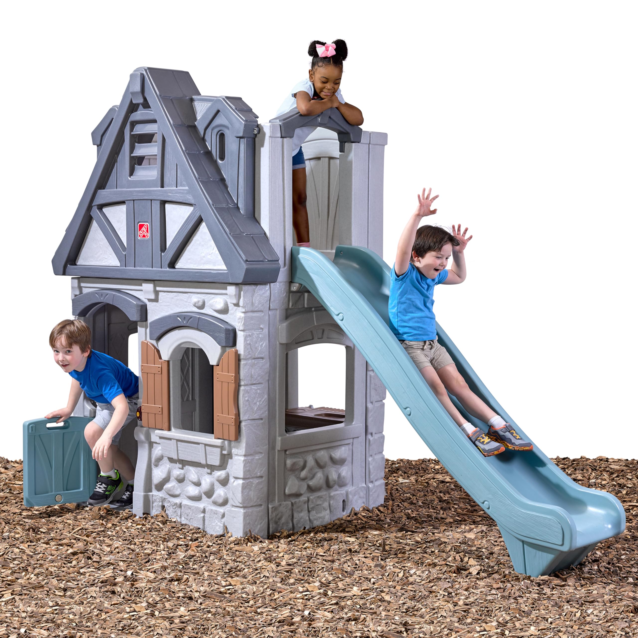 Step2 Enchanting Adventures 2-Story Kids Playhouse, Outdoor Playhouse with Kitchenette & Slide, Rock Climbing Wall, Made of Durable Plastice, For Toddlers 4-8 Years Old