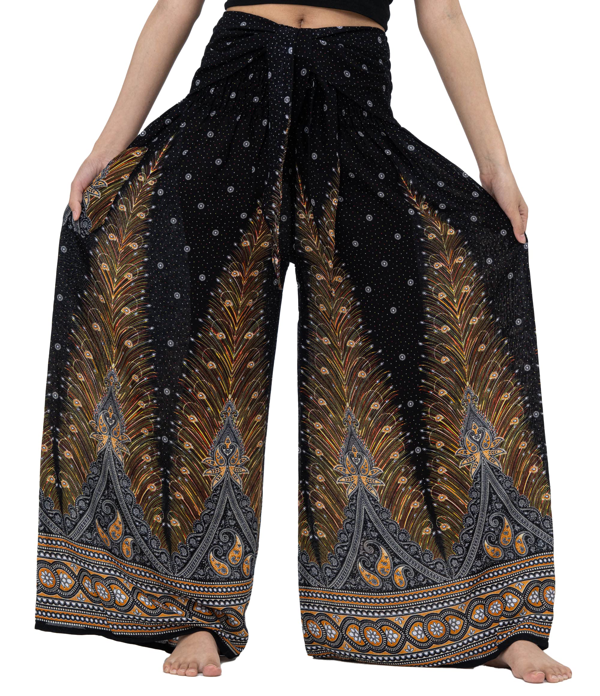 Photo 1 of B BANGKOK PANTS Women's Plus Size Boho Palazzo Pants Wide Leg Lounge Pants (Black Peacock, 20-24 Plus)