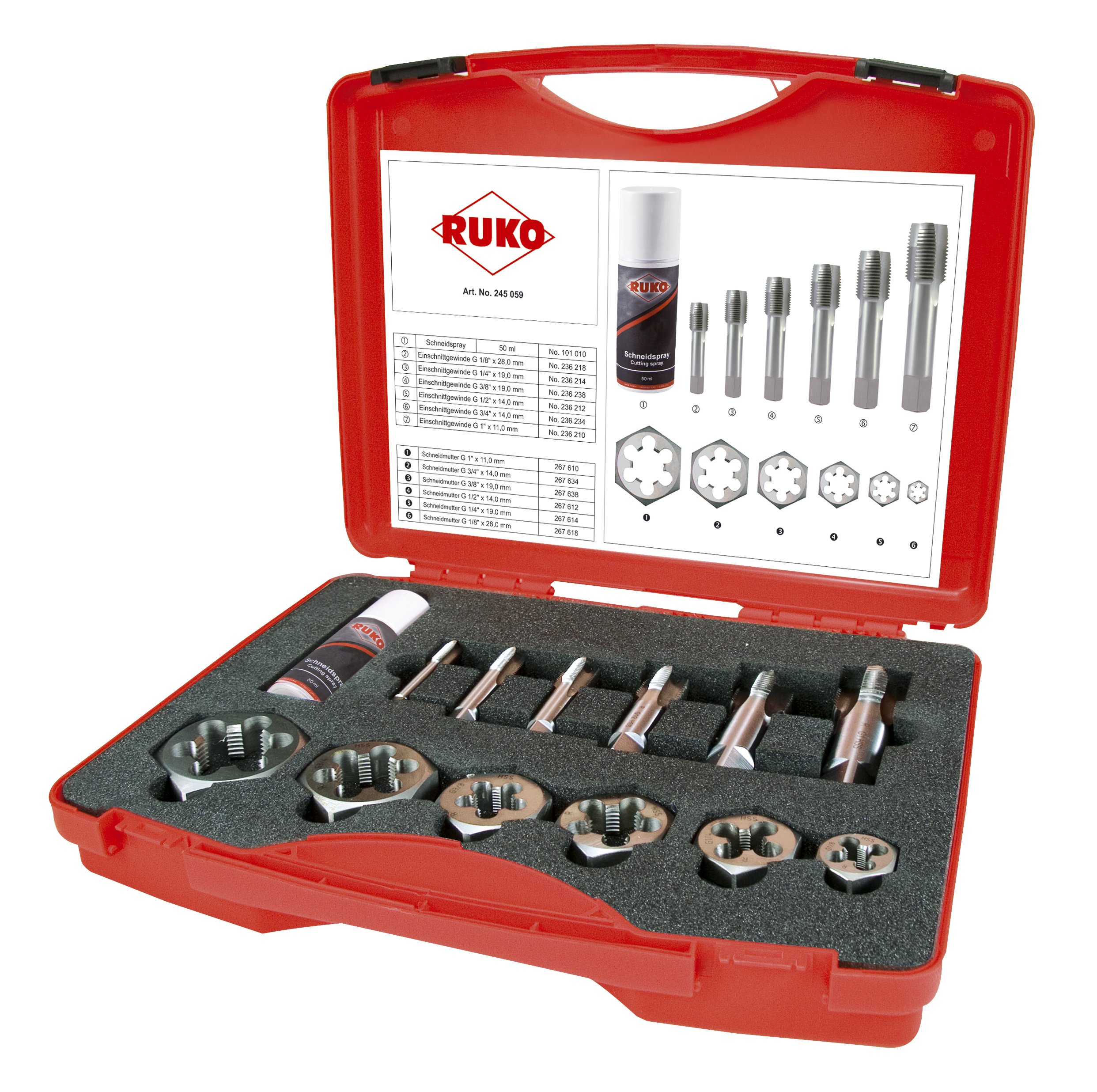 RUKO HSS Sanitary Repair Thread Cutting Set for Cylindrical Pipe Thread in Plastic Case, Bright Finish, 13 Pieces, R245059