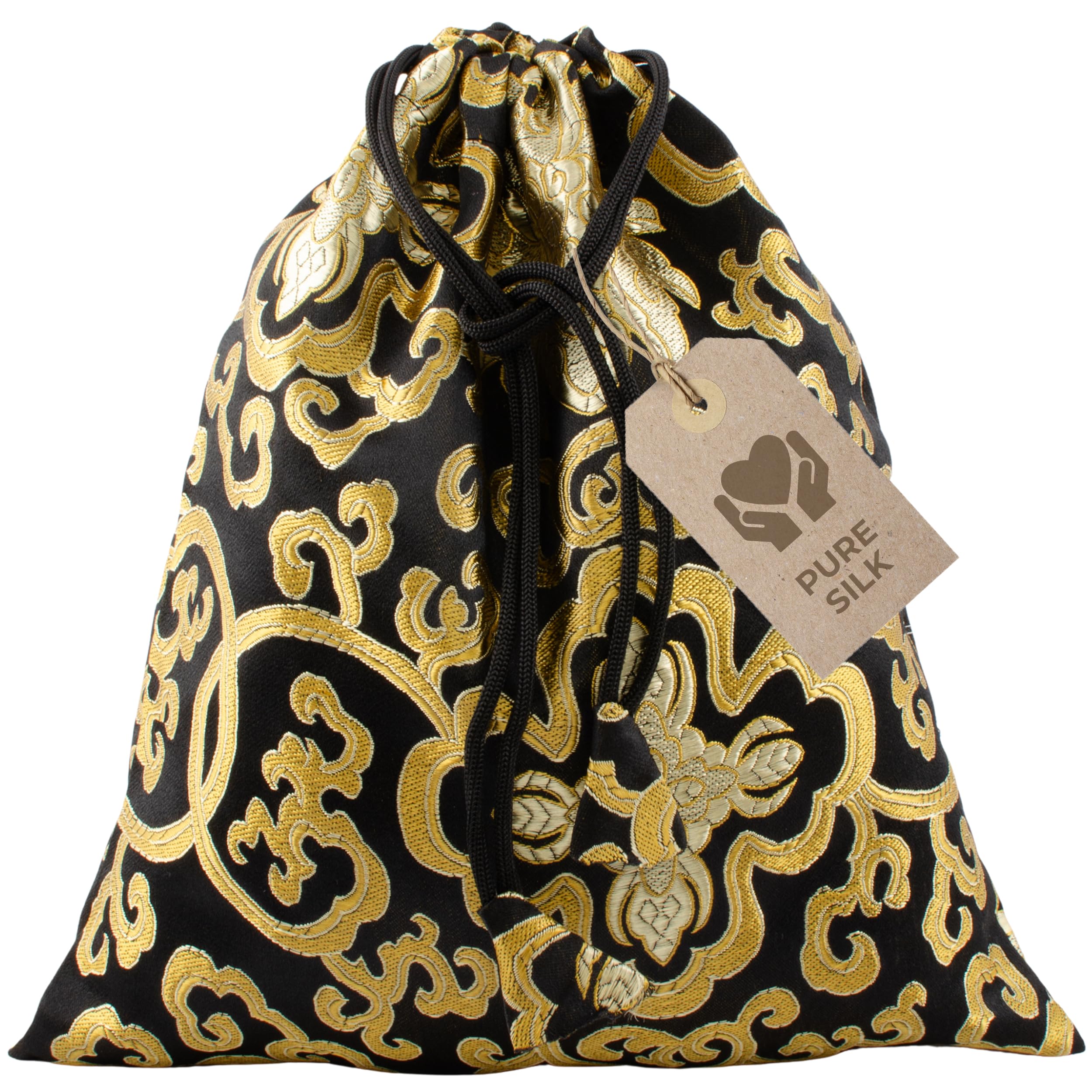 Avanda pouch/bag for singing bowls up to Ø 15 cm (6 in), pure silk from Nepal, practical drawstring, traditional handicraft, black-gold