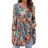 ENMAIN Women's Tops 3/4 Sleeve Dressy Casual Plus Size Tunic Tops to Wear with Leggings Swing Flare T-Shirt Loose Fit Blouses