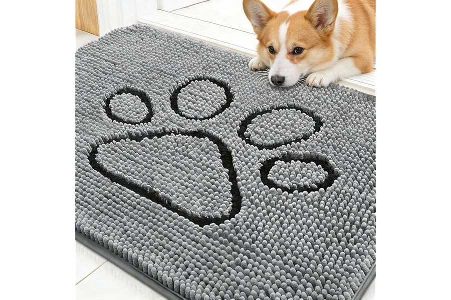 OLANLY Dog Door Mat for Muddy Paws 30x20, Paw Print Design Chenille Mud Mat | Grey, Super Absorbent, Traps Moisture and Dirt,