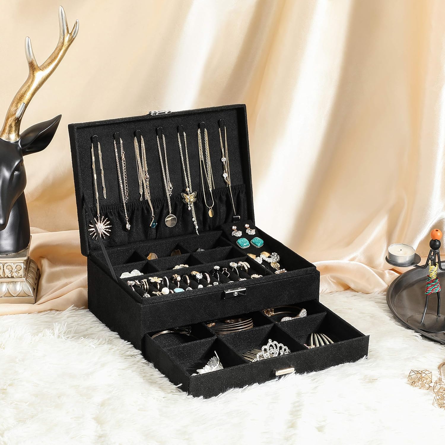 SONGMICS 2-Tier Jewelry Case with Drawer, Key, Necklace Hooks, Ring Rolls, Stud Panel, Storage Slots, Black: Furniture & Decor