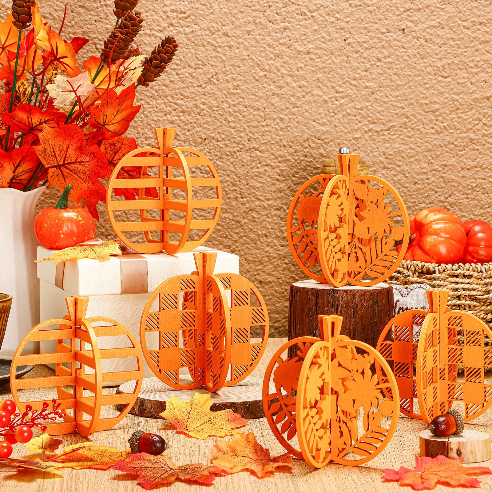 Photo 1 of 12 Pcs Thanksgiving Pumpkin Decor Thanksgiving Wooden Table Signs Pumpkin Fall Centerpieces Tiered Tray Decor Wooden Block Sign for Home Harvest Party Supplies Tabletop Mantel Shelf