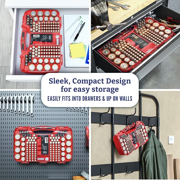 BATTERY ORGANIZER STORAGE CASE WITH TESTER, HOLDS 180 BATTERIES, CLEAR HINGED COVER, LOCKING LID – FOR AA, AAA, C, D AND MORE, RED