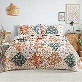 Whale Flotilla Patchwork Quilts Queen Size, Extra Soft Boho Floral Bedspreads for Bed Reversible Lightweight Full Queen Quilt Bedding Set Printed Coverlets with 2 Pillow Shams for All Seasons, Orange