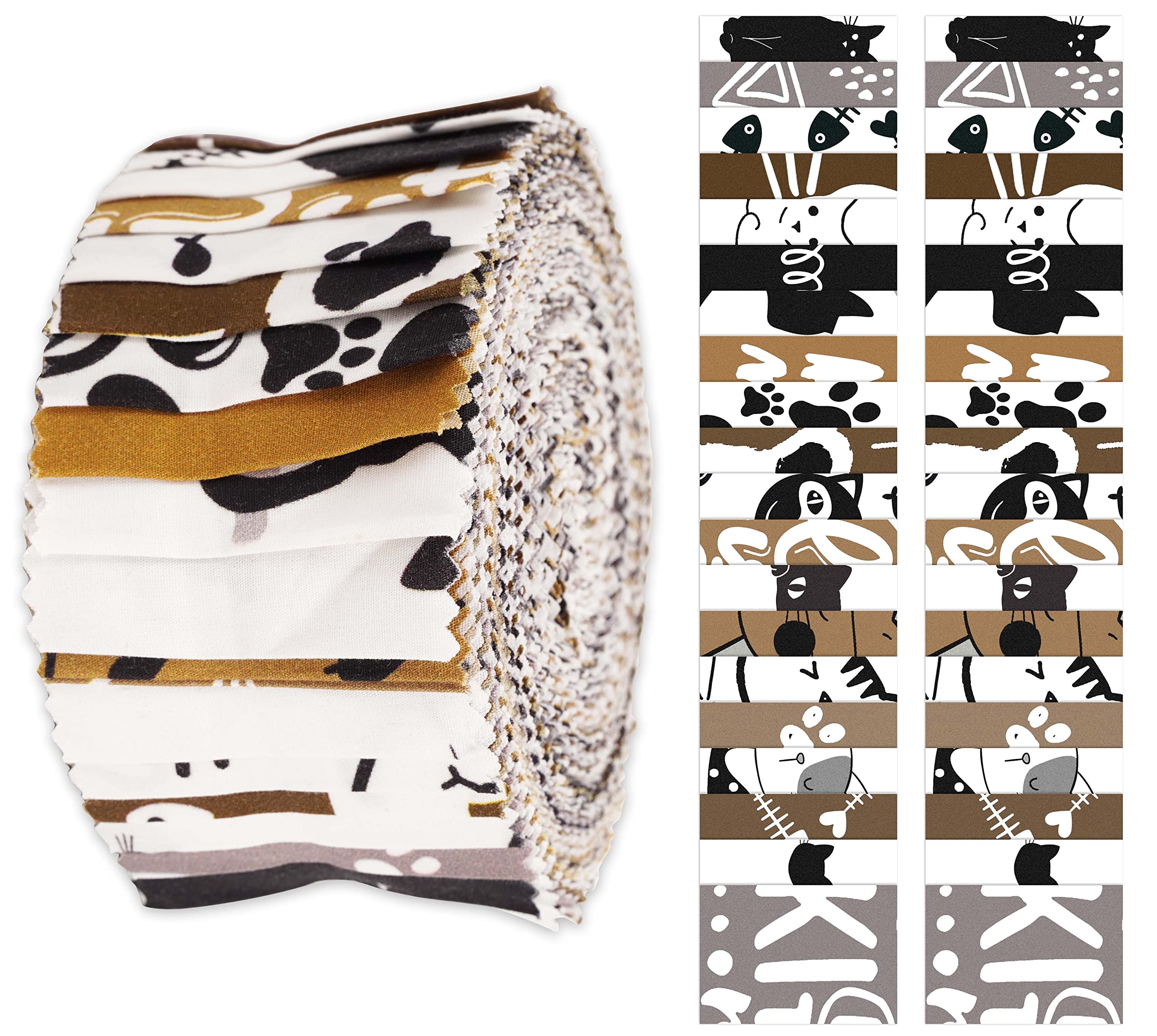 Soimoi 40Pcs Cat Print Cotton Precut Fabrics for Quilting Craft Strips 2.5x42inches Jelly Roll - Brown
