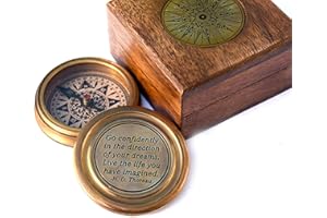 TA DIZAYN Solid Brass Thoreau's Go Confidently Quote Engraved Compass with Wooden Box, Camping Compass, Baptism Gift, 2023 Graduation Day Gifts, Christian Gifts for Men, First Confirmation Gift