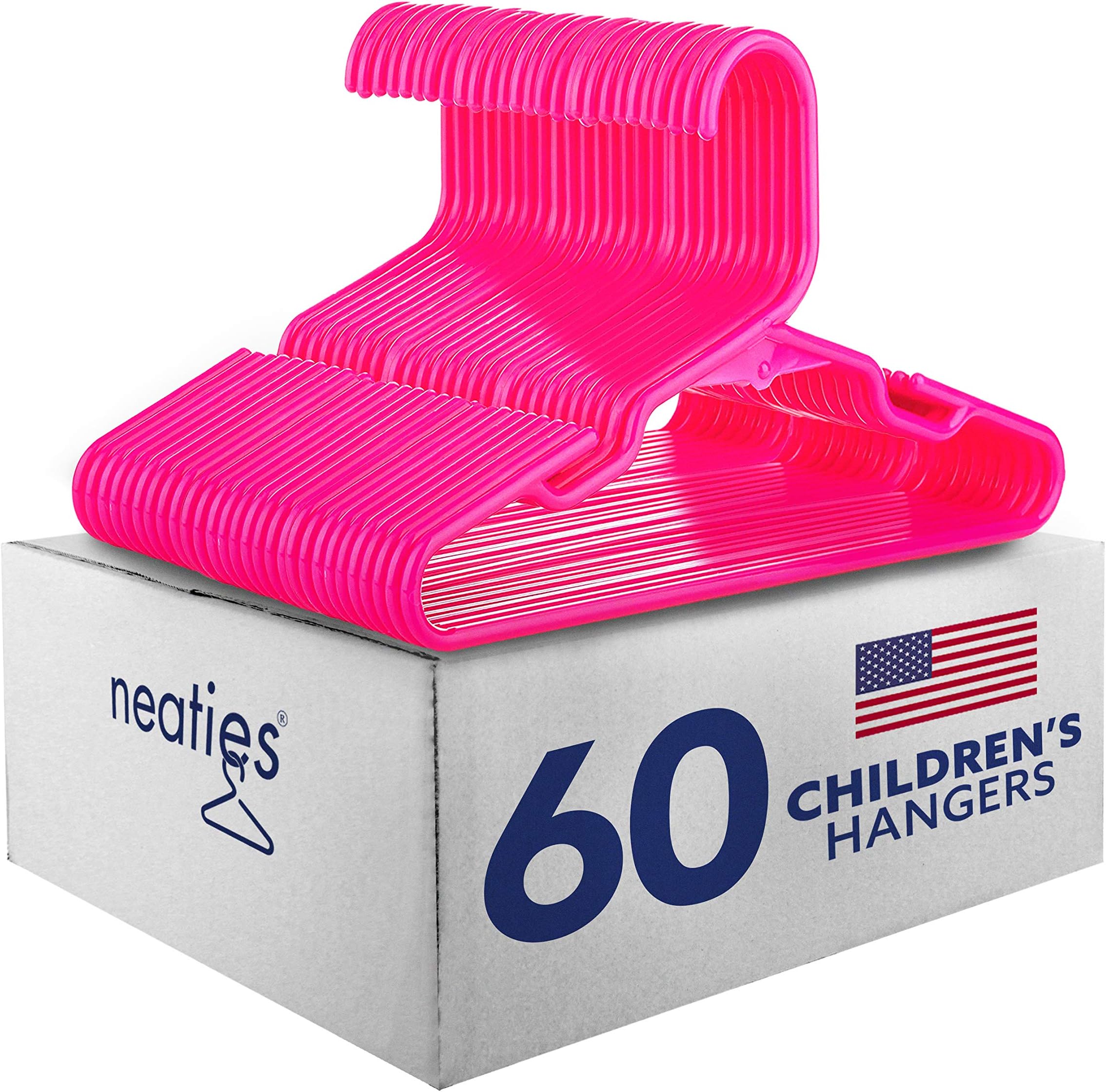 60pk Made in USA Baby Hangers | Kids Hangers for Children's Clothes, Toddler Outfits and Clothing | 20 50 100 Pack Available | Kid Plastic Hanger for Closet and Nursery | Child Kid Hangars (Pink)