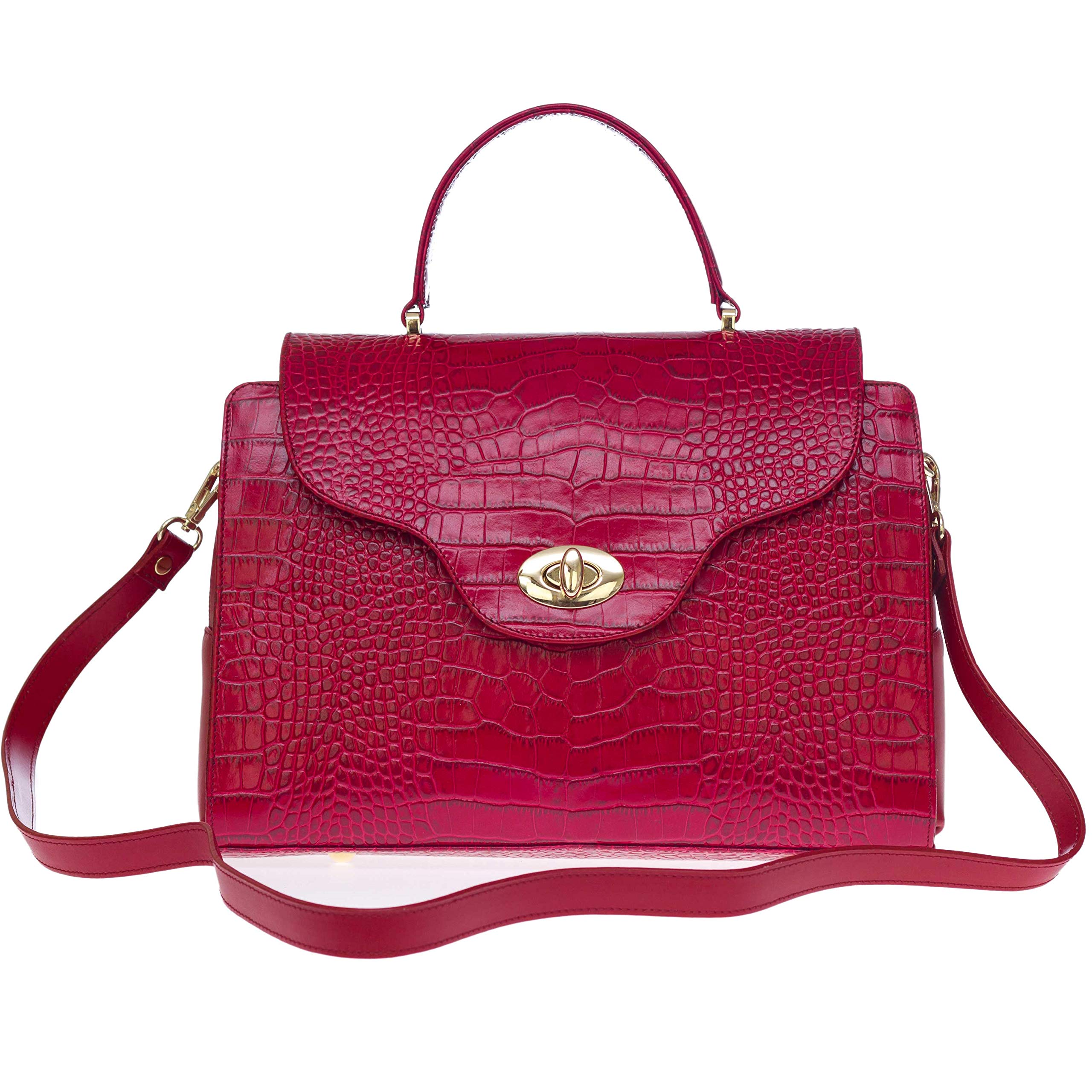 AURA Italian Made Red Crocodile Embossed Leather Medium Tote Handbag