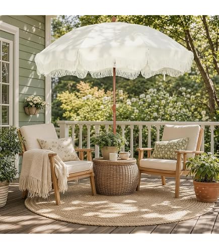 ELZEM 6ft Beige Boho Umbrella With Fringe Beach Umbrella With Tilt Patio Umbrella Upf 50+ 8 Ribs Outdoor Umbrella Waterproof Table Umbrella Foldable For Patios Backyard Beach : Patio, Lawn & Garden