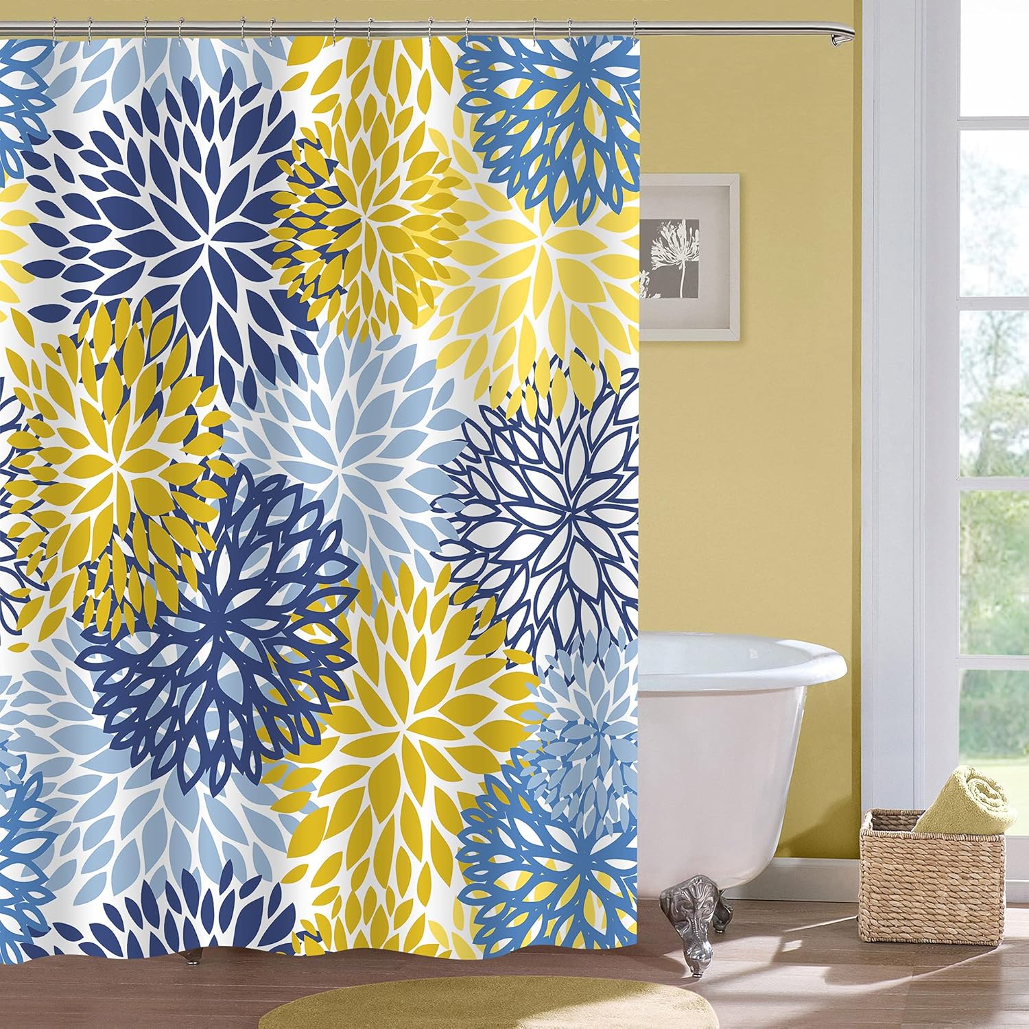MitoVilla Abstract Garden Florals Shower Curtain, Blue, Yellow and Navy Dahlia Flowers Pattern Bathroom Decor for Women and Girls, Washable Polyester Fabric Bathroom Accessories, 72