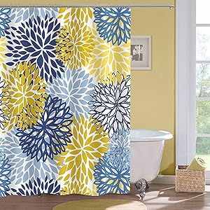 MitoVilla Abstract Garden Florals Shower Curtain, Blue, Yellow and Navy Dahlia Flowers Pattern Bathroom Decor for Women and Girls, Washable Polyester Fabric Bathroom Accessories, 72