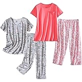 PNAEONG 2 Pack Women's Cotton Pajama Sets Short Sleeve Sleepwear Tops with Capri Pants Summer Loungewear Pj Sets S-3XL