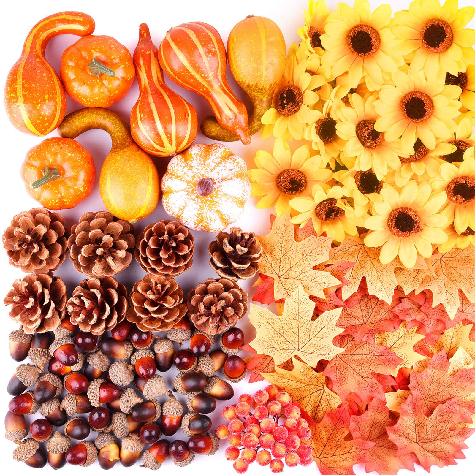FEPITO 156 Pcs Fall Thanksgiving Decorations, Mini Artificial Pumpkins, Pine Cones, Fall Leaves, Acorns，Sun Flowers and Red Berries for Fall Party Decorations Thanksgiving Party Supplies — image 1