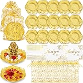 Ferrochef 15 Sets Diwali Return Gifts Bulk Gold Lotus Coasters, 3.35 Inch | Gold Lotus Coasters, Organza Bags, Thank You Cards for Navratri Golu Favor Pooja Indian Wedding Guests Reusable Zinc Alloy