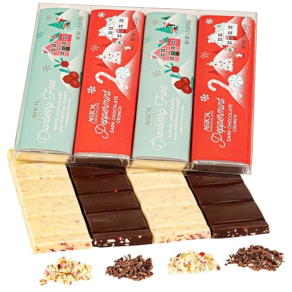 ASTOR CHOCOLATE HOLIDAY 4 BAR GIFT PACK | ASSORTED CHRISTMAS DARK CHOCOLATE PEPPERMINT CRUNCH AND WHITE CHOCOLATE CRANBERRY FIZZ POPPING CANDY SNACK BOX SET | HOLIDAY GIFTS FOR ADULTS MEN WOMEN KIDS | GOURMET BELGIAN CHOCOLATE HOLIDAY 2024 BASKET