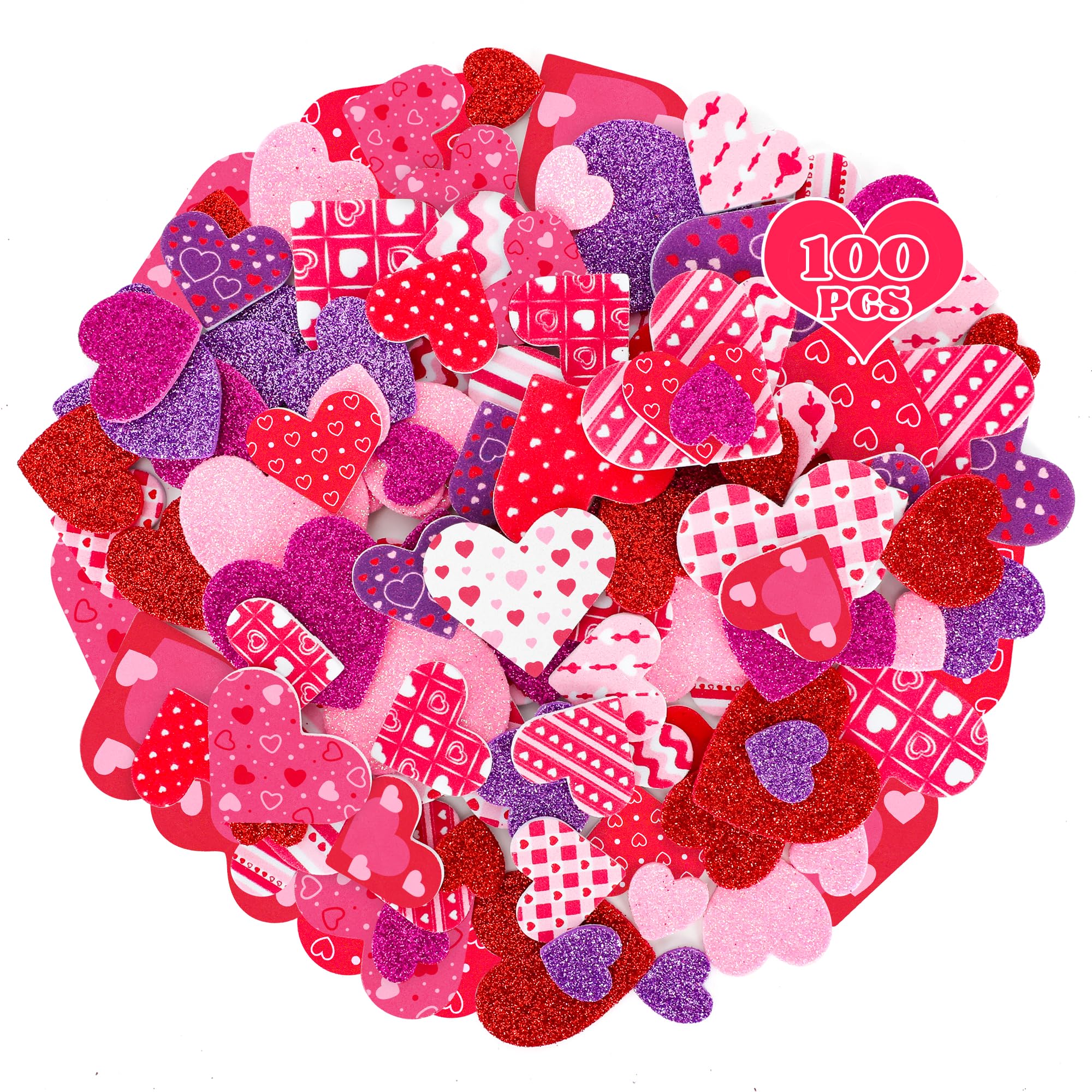 Photo 1 of 100 PCS Valentines Stickers, Self-Adhesive Foam Heart Stickers Valentines Decor, 3 Sizes Glitter Matte Dots Stripes Foam Stickers, Colorful Valentine Crafts for DIY Card Envelopes Decorations