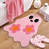 Dunzy Pink Ghost Bathroom Rug Pastel Halloween Mat 27 x 32 in | Pastel Pink Flower Ghost, Non-slip, Ultra Soft Flocked, Absorbent, Spooky Halloween Decor, Vanity Floor Carpet