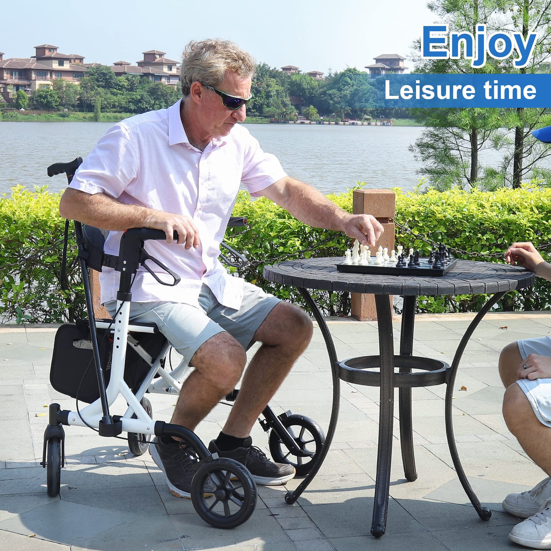 WALK MATE Rollator Walker for Seniors with Cup Holder, Upgraded Thumb Press Button for Height Adjustment, 4 x 8 Wheels Walker with Seat Padded Backrest Folding Lightweight Walking Aid, White