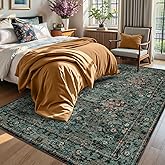 Dark Green Boho 5x7 Area Rugs for Bedroom Aesthetic, Washable Floral Rug for Living Room, Nursery - Low Pile Non Slip French Country Carpet for Dining Room Under Table - Botanical Mat for Indoor