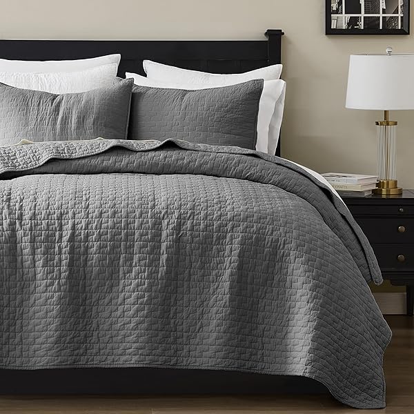 PALASSIO DARK GREY 100% COTTON QUILT KING SIZE BEDDING SETS WITH 2 PILLOW SHAMS, TEXTURED LIGHTWEIGHT SOFT BEDSPREAD SHABBY CHIC COVERLET, QUILTED COMFORTER BED COVER FOR ALL SEASON, 3 PIECES