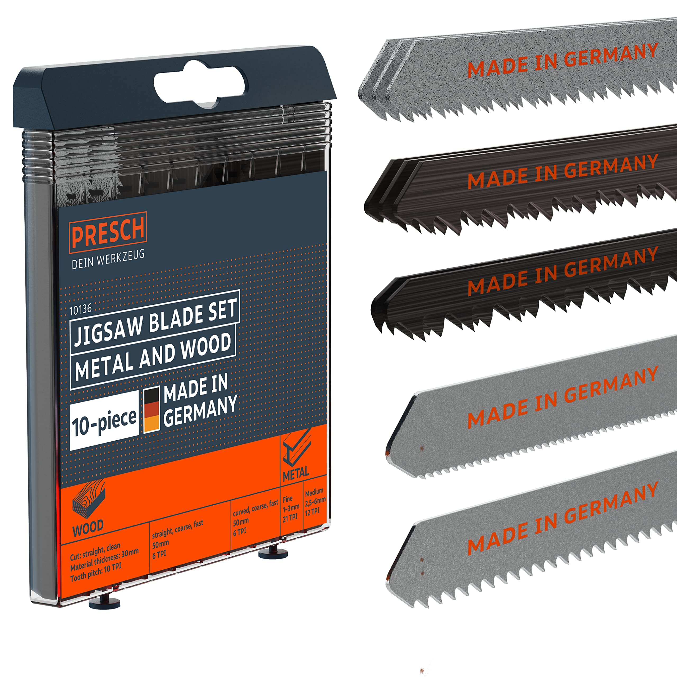 Presch Jigsaw blade set metal & wood 10 pcs. - Professional set of jigsaw edges for all applications - Durable T-shaft saw edges for all jigsaws - Precise saw edge range