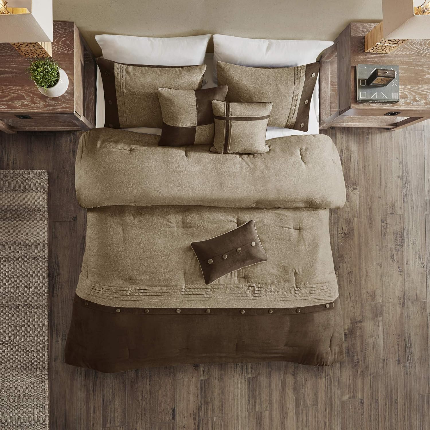 Madison Park Boone 7 Piece Faux Suede Comforter Embroidered Pillows, Bedskirt and Shams Cabin Style Soft Down Alternative Hypoallergenic All Season Bedding-Set, King, Brown: Home & Kitchen