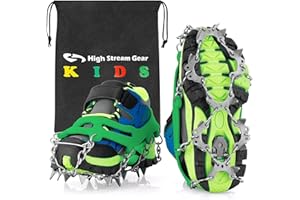 HIGH STREAM GEAR Kids Ice Cleats - Snow Crampons for Hiking Boots & Shoes with 14 Stainless Steel Spikes