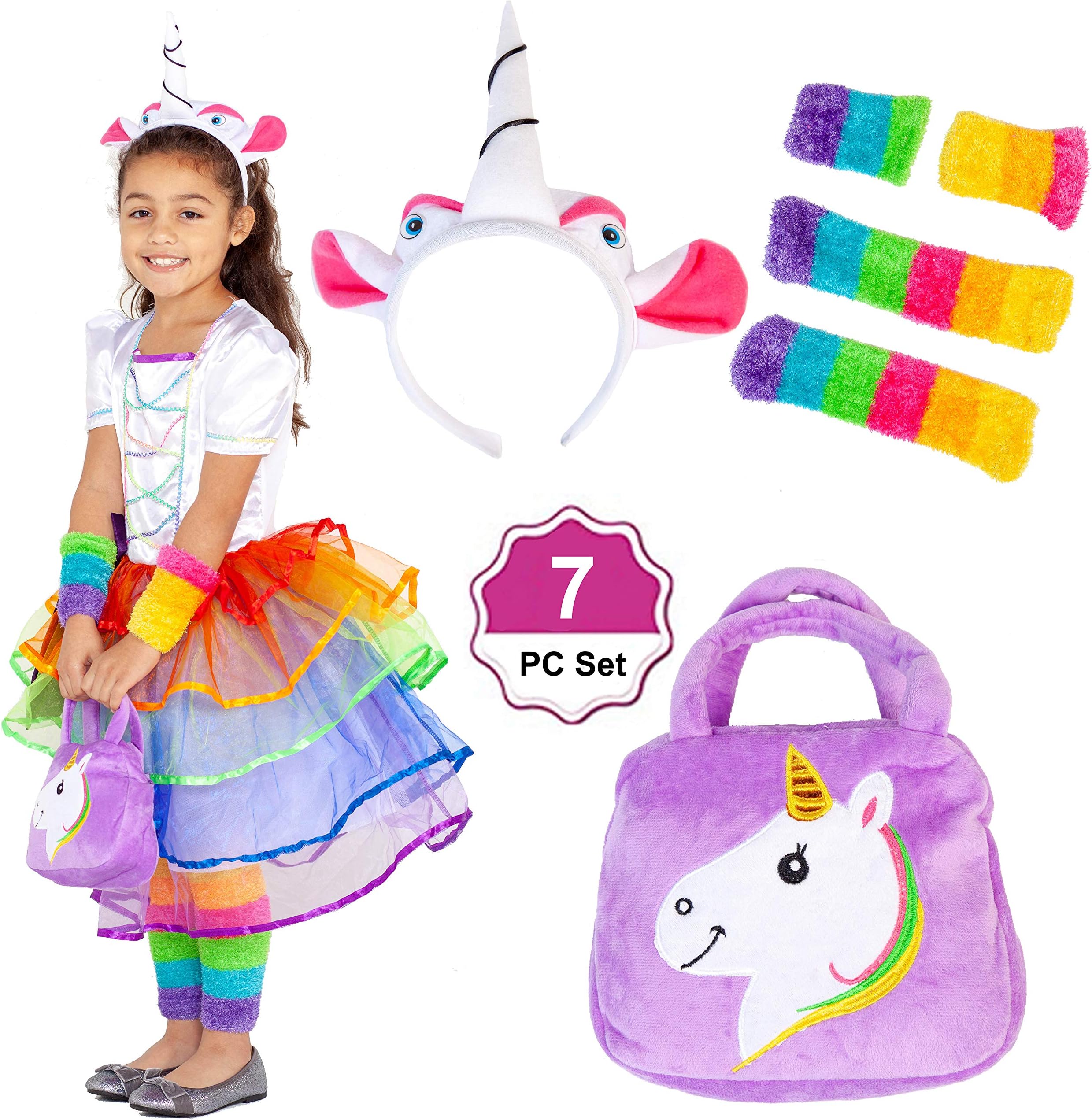 Rainbow Unicorn Girls Party Dress - 7PC - Cosplay Costumes - Pageant - for Girls Unicorn Birthday Party 4-6 Yr
