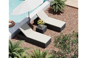 LHBcraft Outdoor PE Wicker Chaise Lounge Set, Patio Lounge Chairs, Rattan Adjustable Reclining Lounge Chairs with Cushions and Matching Storage Table (one Chair), Black-beige