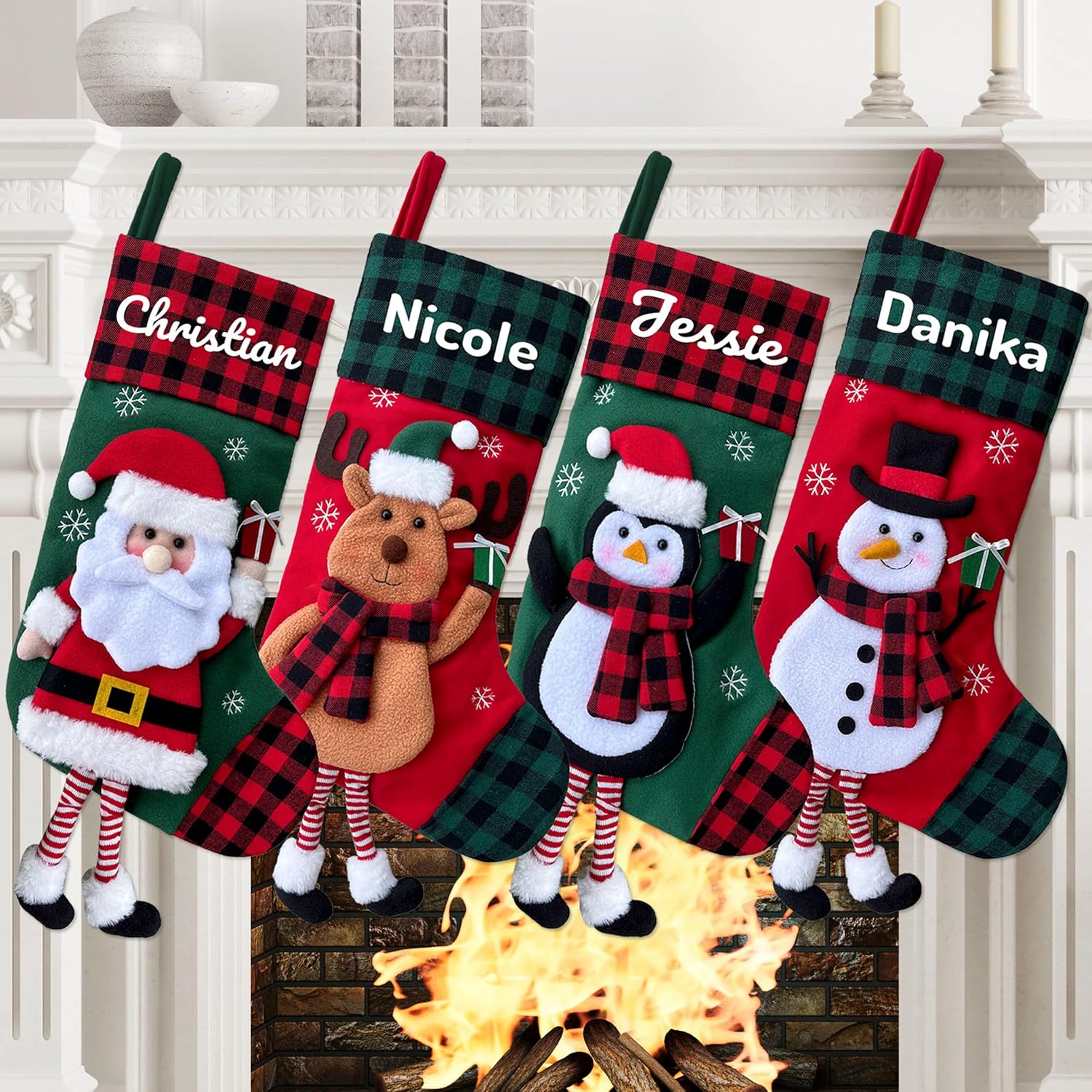 Stockings & Holders - HAPYPando Personalized Christmas Stockings 3D Buffalo Plaid Red and Green Fireplace Hanging Large Xmas Stockings Decorations for Family Holiday Season