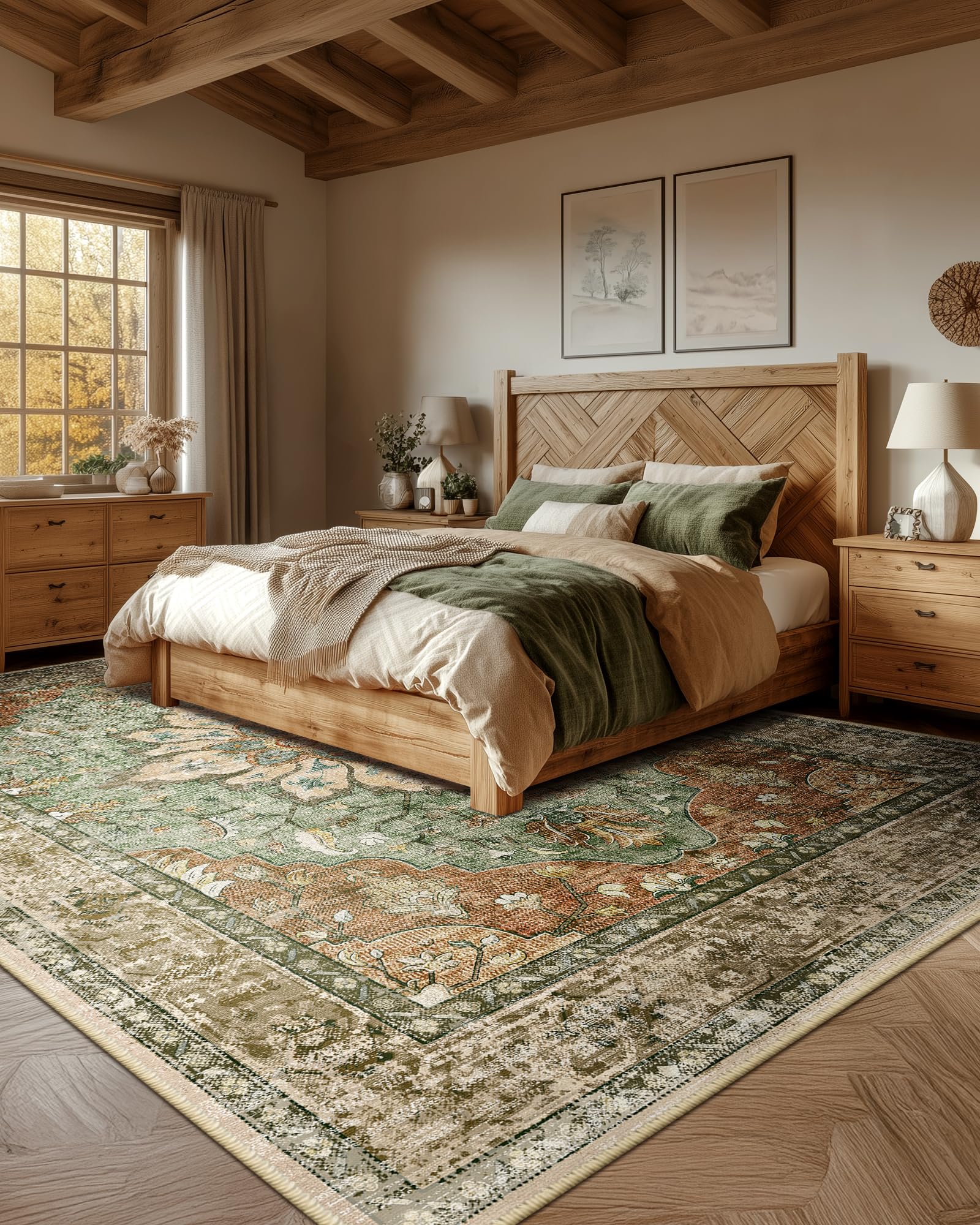 RELEANY Area Rugs 8'x10' Washable Non-Slip, Floral Vintage Distress Print Pattern Medallion Carpet for Living Room Bedroom Dining Room, Brick Red Rust Neutral Brown Burnt Orange Green