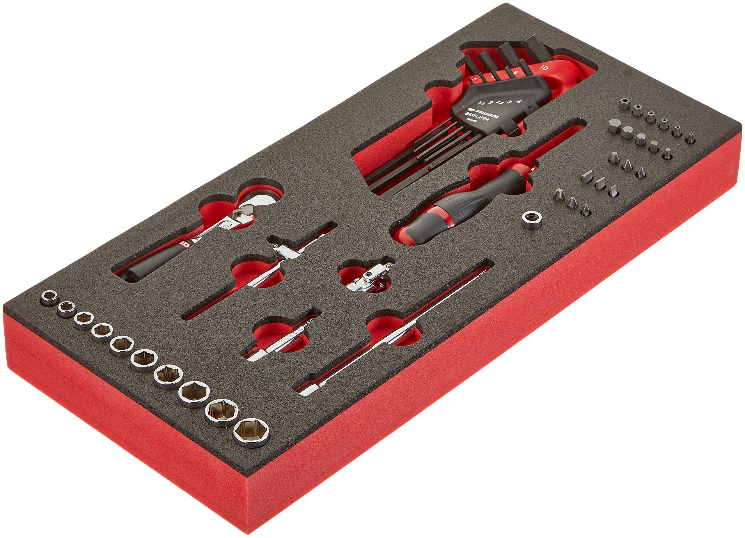 Facom - Assortment of 46 Tools on Foam Tray - MODM.RL161-36 - 1 Ratchet, 10 sockets, 2 Extensions, 1 Gimbal, 1 Sliding Handle, 1 Screwdriver Handle, 1 bit Holder Socket, 20 bits