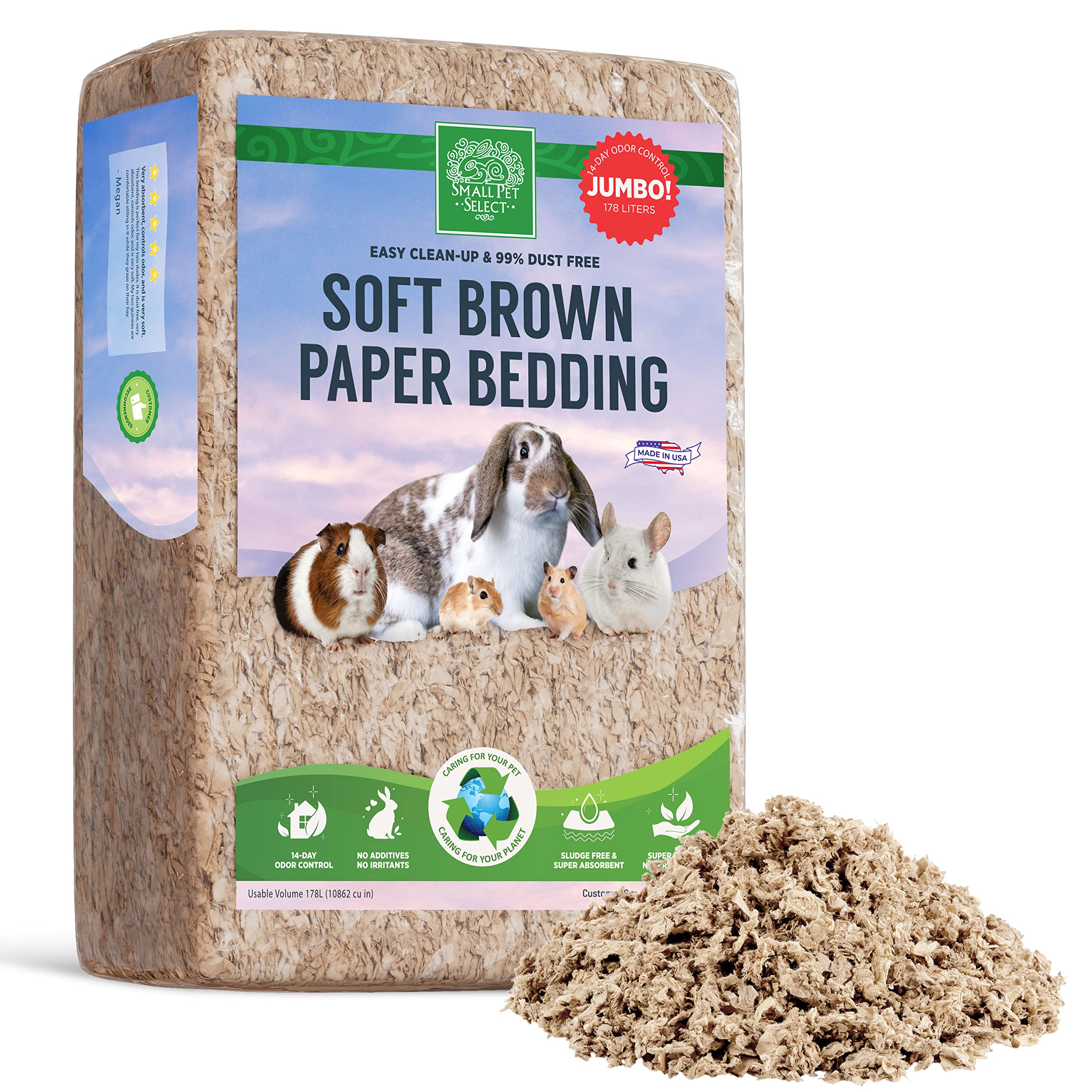 SMALL PET SELECT Brown Natural Paper Bedding, Soft Animal Bedding with Odor Control for Guinea Pig, Rabbit, Hamster, or Bunny, Cage Accessories, Made in the USA, 178L