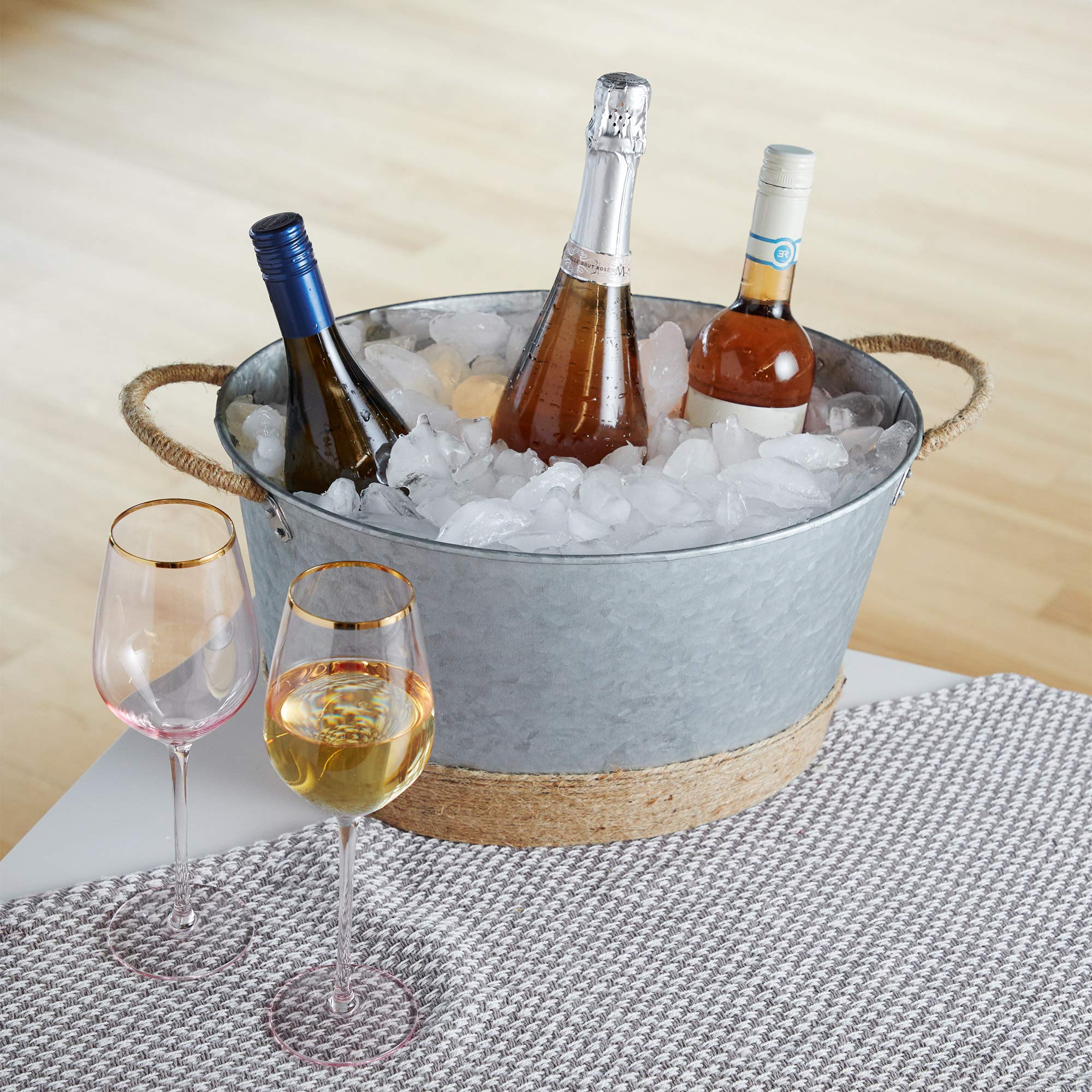 Twine Seaside Jute Rope Wrapped Farmhouse Galvanized Ice Metal Beverage Tub, Wine, Beer Bottle Bucket, 4.5 Gallons