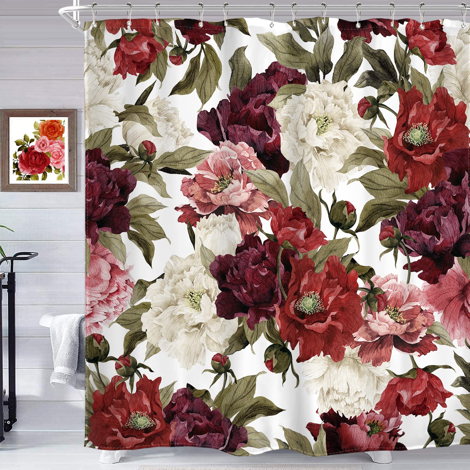 Homewelle Watercolor Flowers Floral Shower Curtain Rustic Rose Red White Girl Retro Leaves Blossom Peony Woman 60Wx72L Inch Waterproof 12 Pack Plastic Shower Hooks Polyester Fabric Bathroom Bathtub