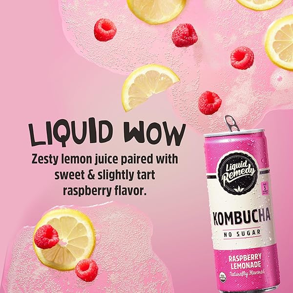 LIQUID REMEDY KOMBUCHA SUGAR FREE ORGANIC DRINK, LOW CALORIE, PROBIOTIC LIKE TEA FOR GUT HEALTH – RASPBERRY LEMONADE – 8.5 FL OZ CAN, 12-PACK