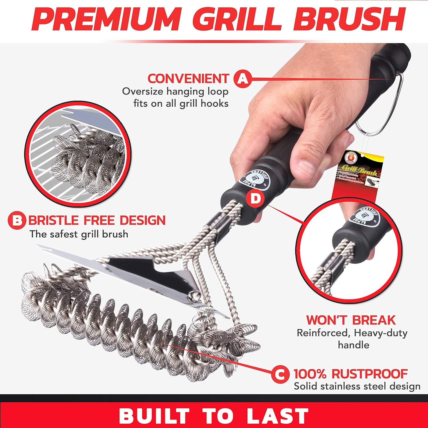 Alpha Grillers Grill Brush Bristle Free. Best Safe BBQ Cleaner with Extra Wide Scraper. Perfect 17 Inch Stainless Steel Tools for All Grill Types, Including Weber. Ideal Barbecue Accessories: Home & Kitchen