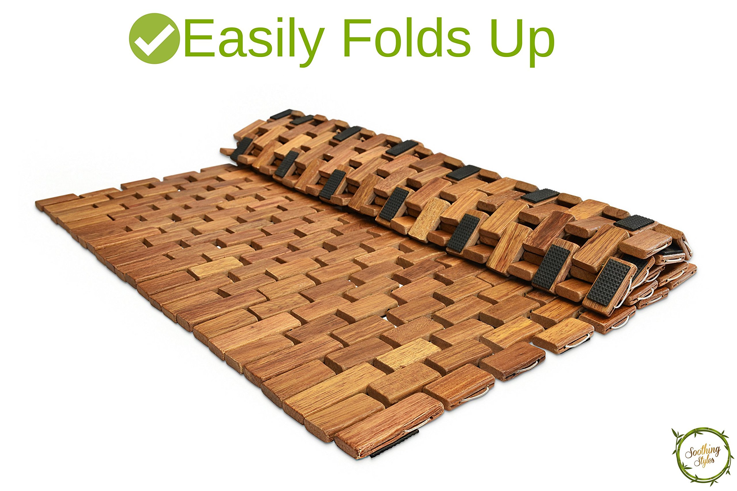 Handcrafted Folding Teak Bath Mat with Non Slip Silicone Feet Easily