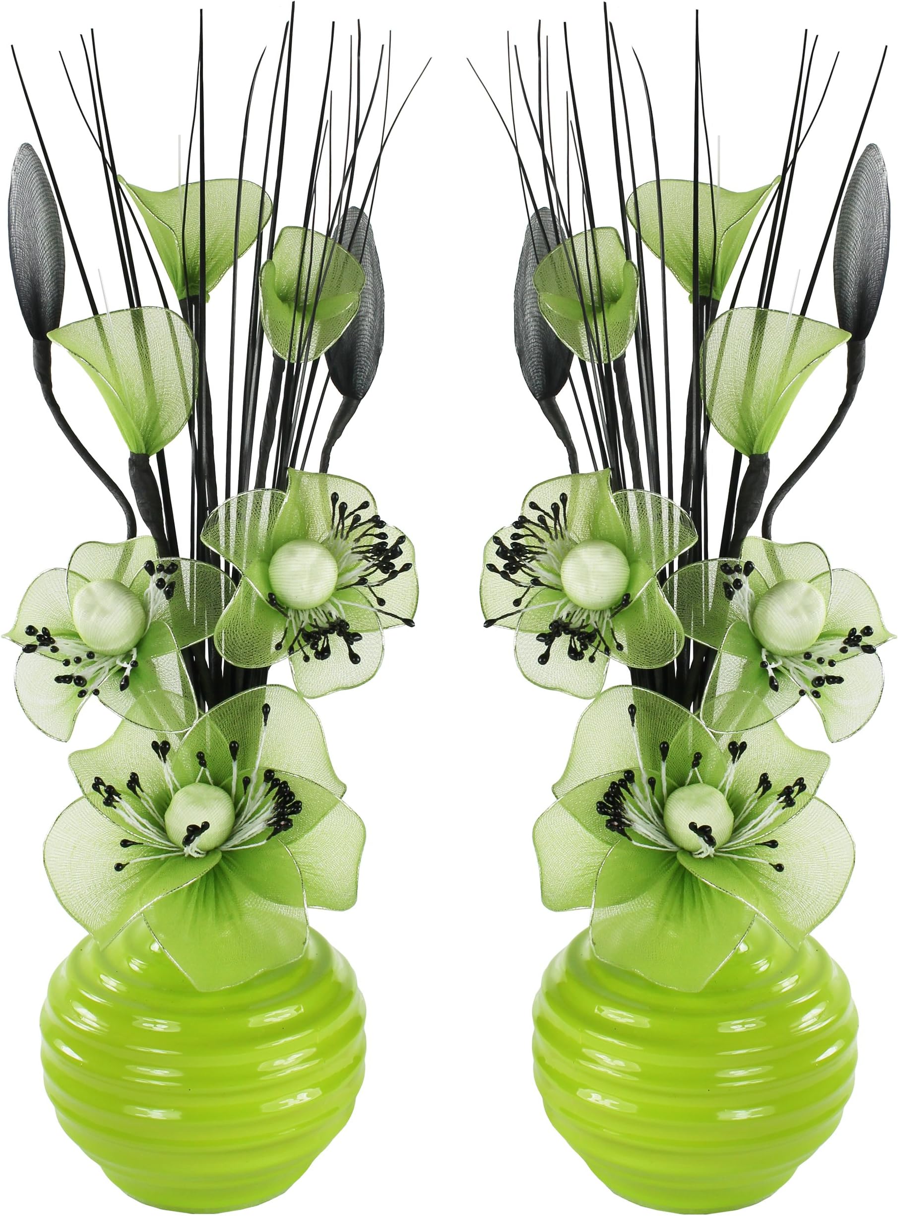 Matching Pair of Green Vases with Lime Green Artificial Flowers, Ornaments for Living Room, Window Sill, Home Accessories, 32cm