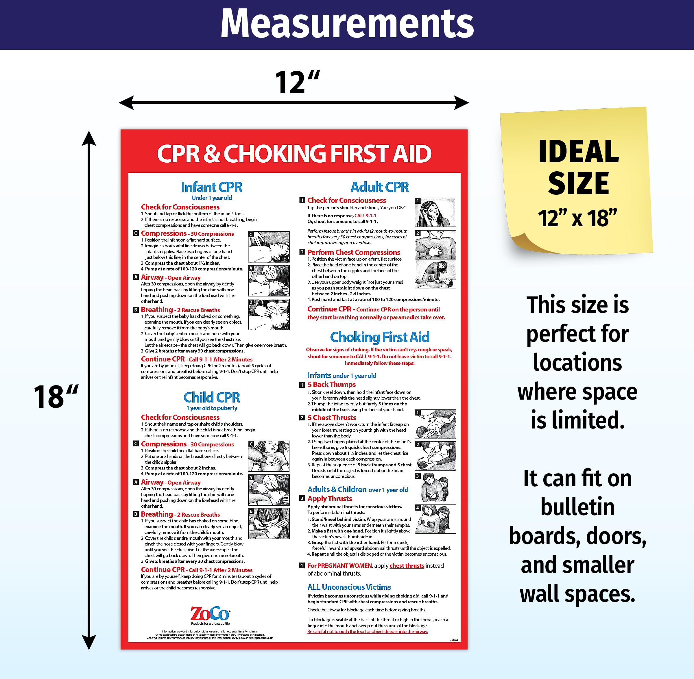 Safety Magnets CPR and Choking Posters for Infant, Child, Adult - Laminated, 12 x 18 in.