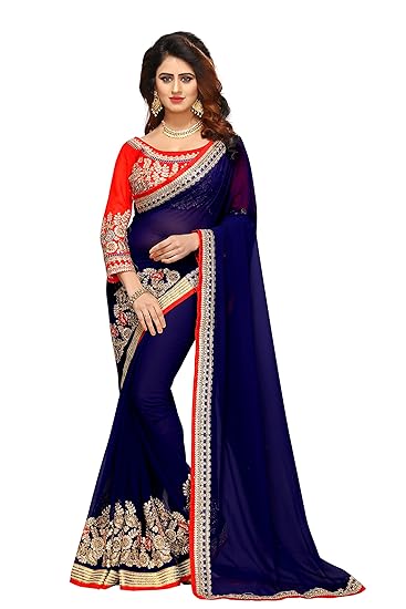 georgette with blouse piece Saree (ISUNS2460_ Blue_ Free Size)