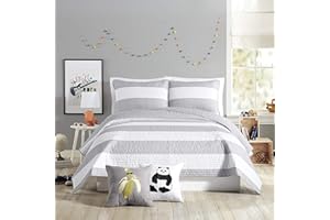 URBAN PLAYGROUND All Seasons Lavelle Gray/White Stripe Quilt Set - 3 Piece Soft Brushed Microfiber Kids Bedding Set for Boys/Girls – Machine Washable (Full/Queen)
