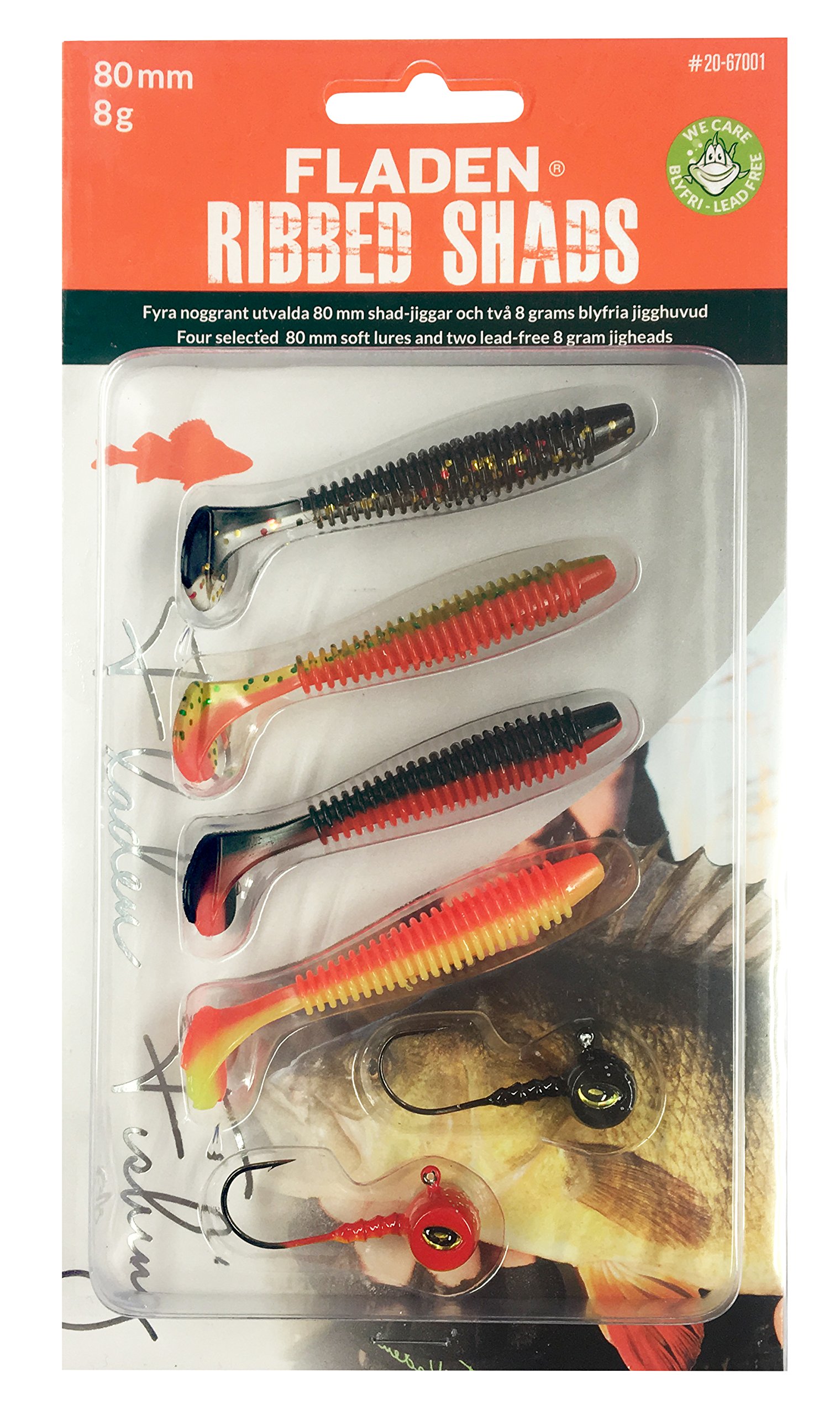FLADEN Fishing - 4 x SOFT LURE RIBBED SHADS Assortment - Imitation Bait Fish for Predatory Fishing - Comes with 2 Non-Toxic Jig Heads (Pack 1, 4 x 8cm / 8g Size 2/0 jigs) [20-67001]